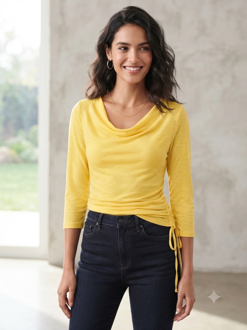 Take 50% OFF-NY&C Yellow Cowl Neck Ruched Women's Top, Size-S